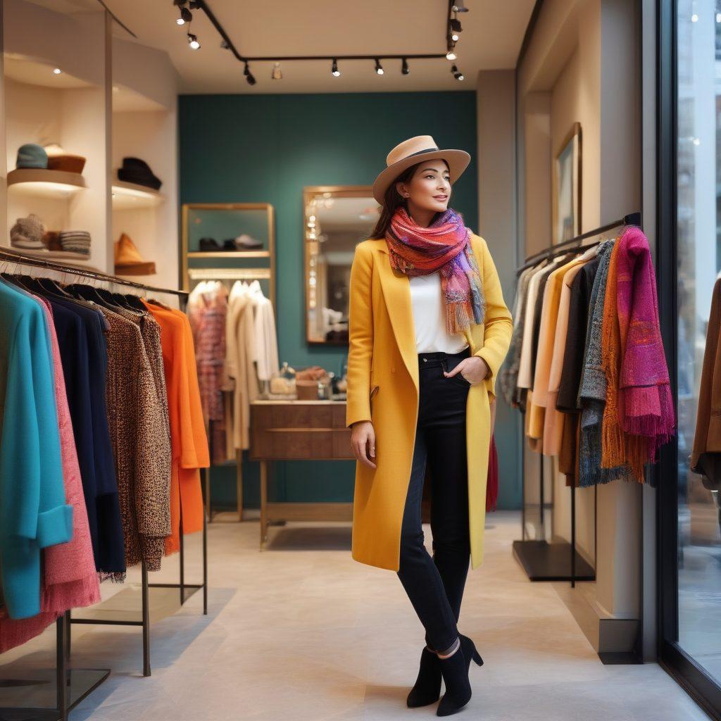 A stylish petite woman elegantly dressed in a chic outfit, standing in a modern boutique filled with affordable fashion pieces. Showcase a mix of vibrant colors in clothing, with elegant accessories like a scarf or hat. The background should depict trendy display racks and mirrors, evoking a sense of sophistication. Include elements like a soft light illuminating the space for a warm feel. super-realistic. vibrant colors. modern aesthetics.