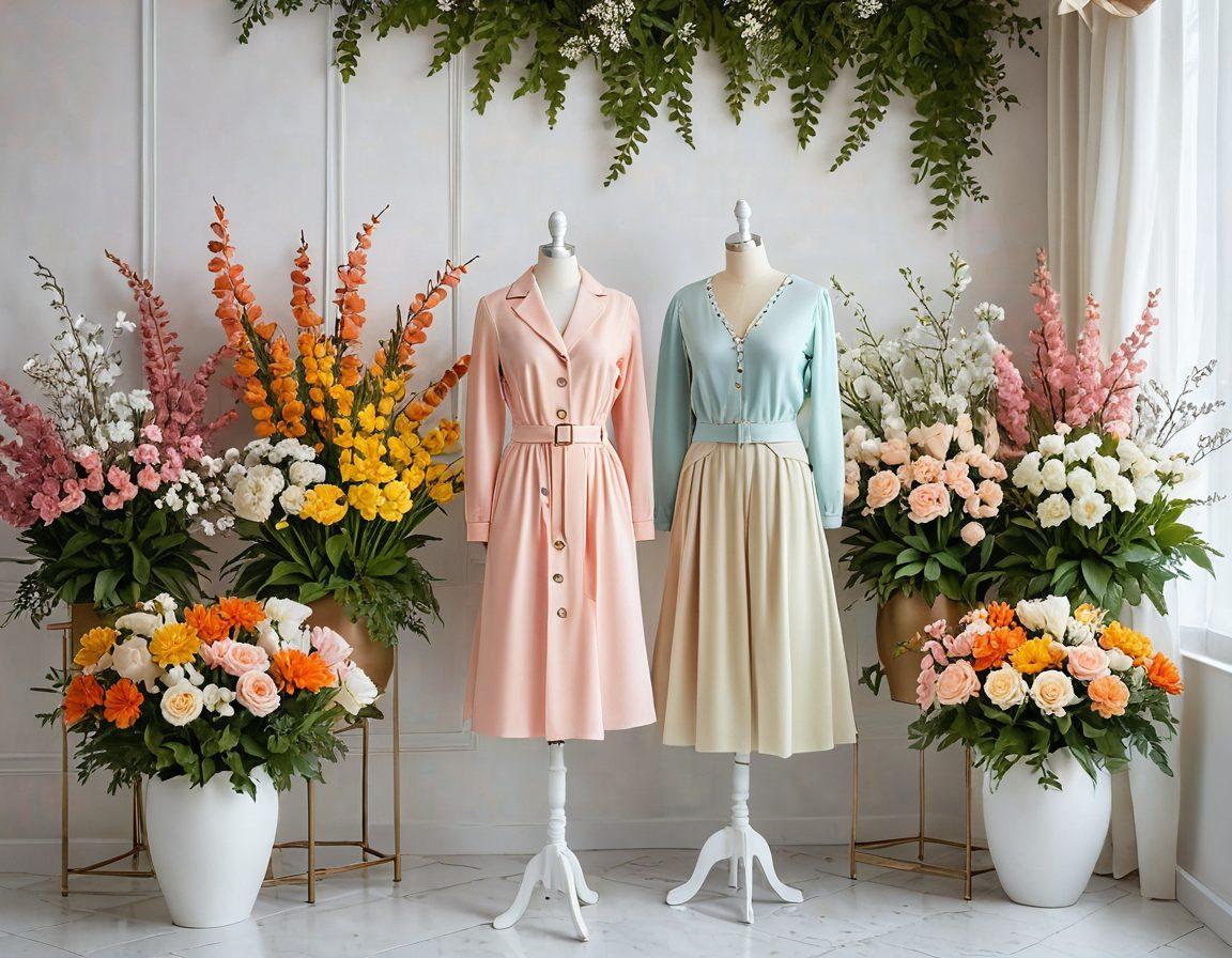 A stylish mannequin dressed in an elegant, modest outfit, surrounded by seasonal elements such as blooming flowers for spring, vibrant leaves for autumn, snowflakes for winter, and bright sun for summer. Soft pastel colors and textures highlight the clothing while exuding a sense of warmth and grace. The background features a tastefully arranged boutique ambiance. super-realistic. vibrant colors. white background.